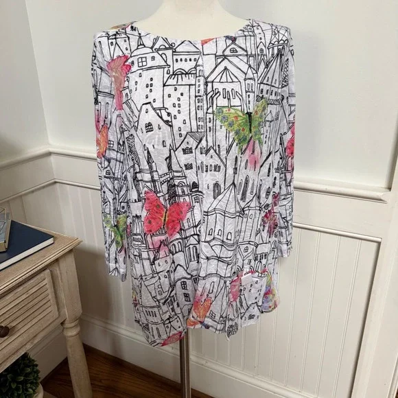 Ali Miles Womens L Tunic Top Butterfly Cityscape Print 3/4 Sleeve Art to Wear - Picture 2 of 8